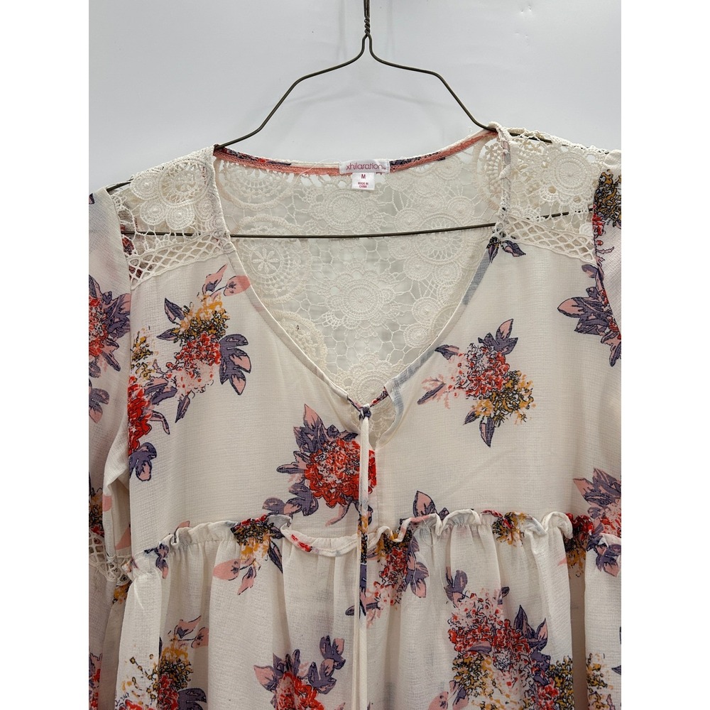 Xhilaration Floral Lace Boho Peasant Blouse Medium Bell Sleeve Top Cottagecore - Picture 3 of 10